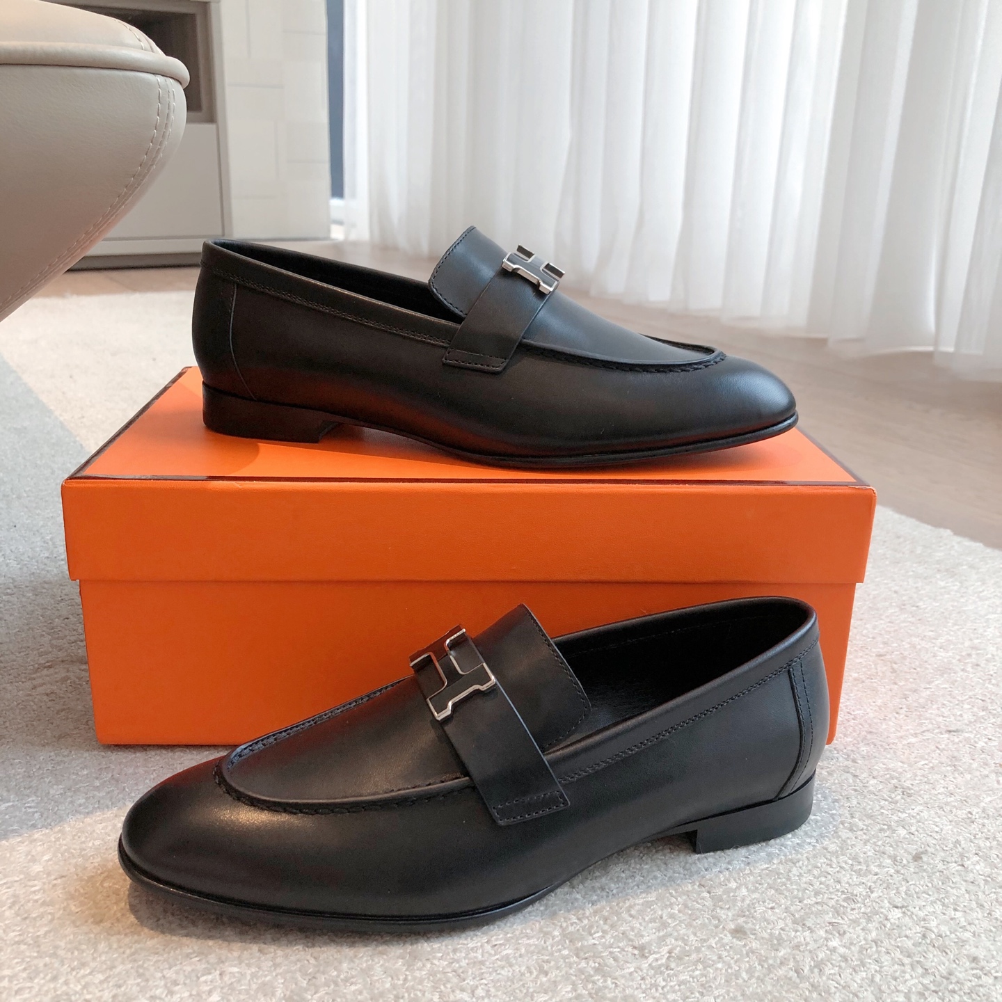HERMES Mocassins Paris loafers Leather Black
