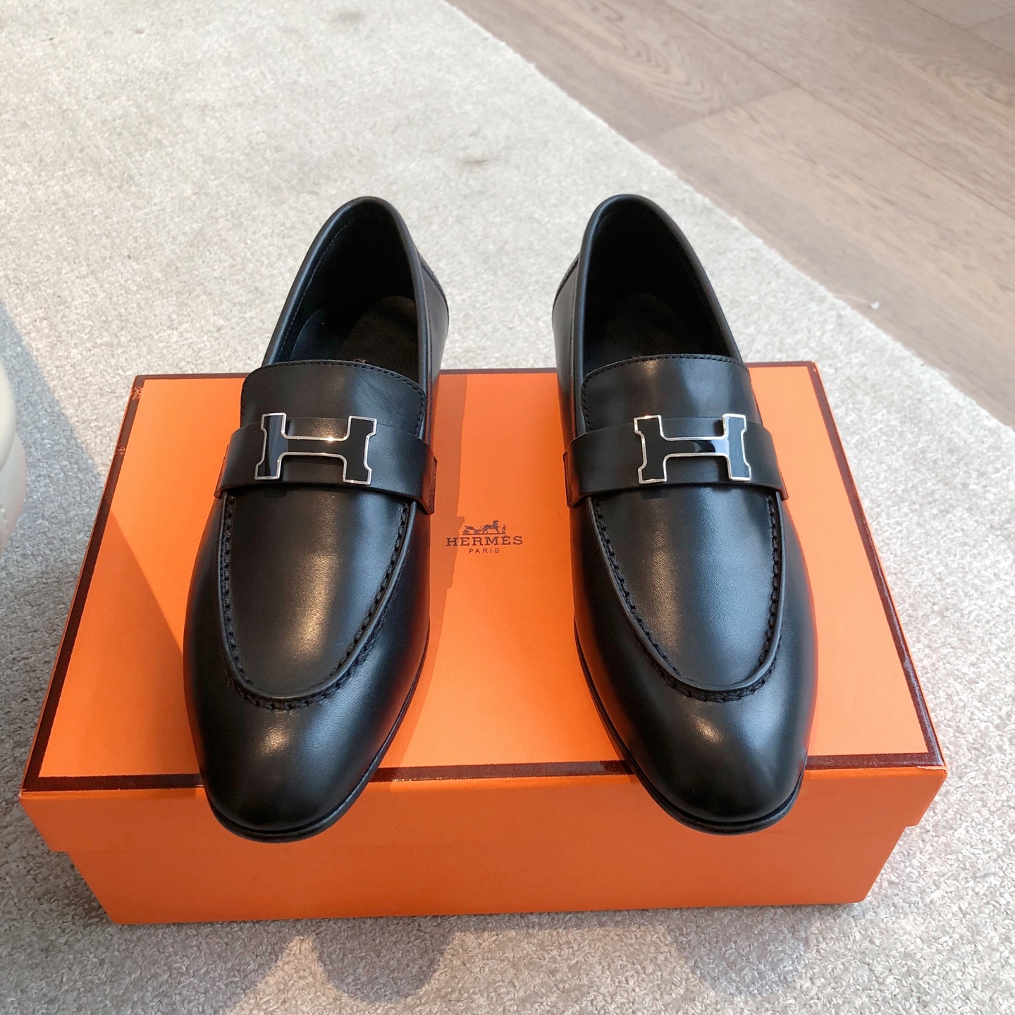HERMES Mocassins Paris loafers Leather Black