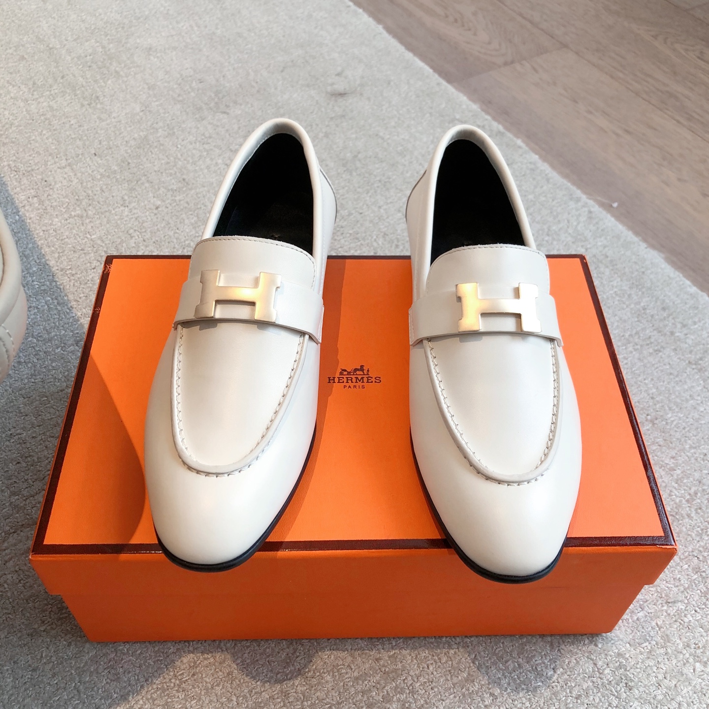 Hermes White Paris Loafers with Gold Accents 135705193