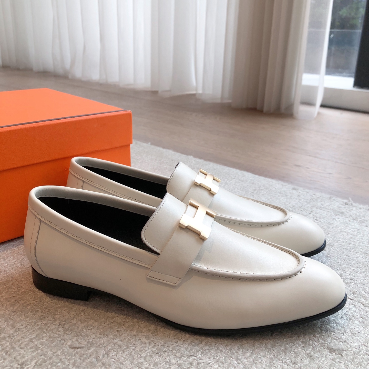 Hermes White Paris Loafers with Gold Accents 135705193