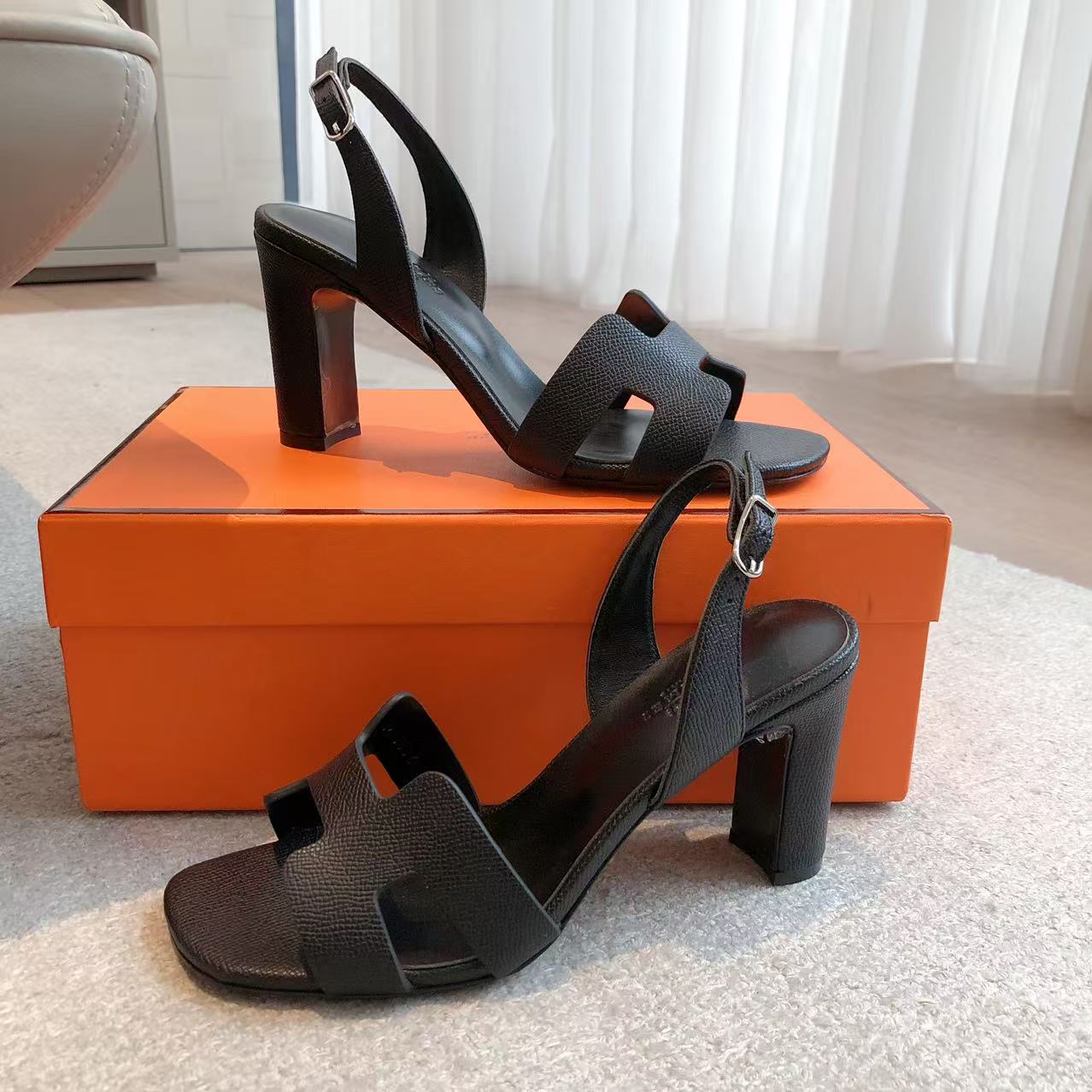 Hermes Black Leather Eternite Slingback Sandals