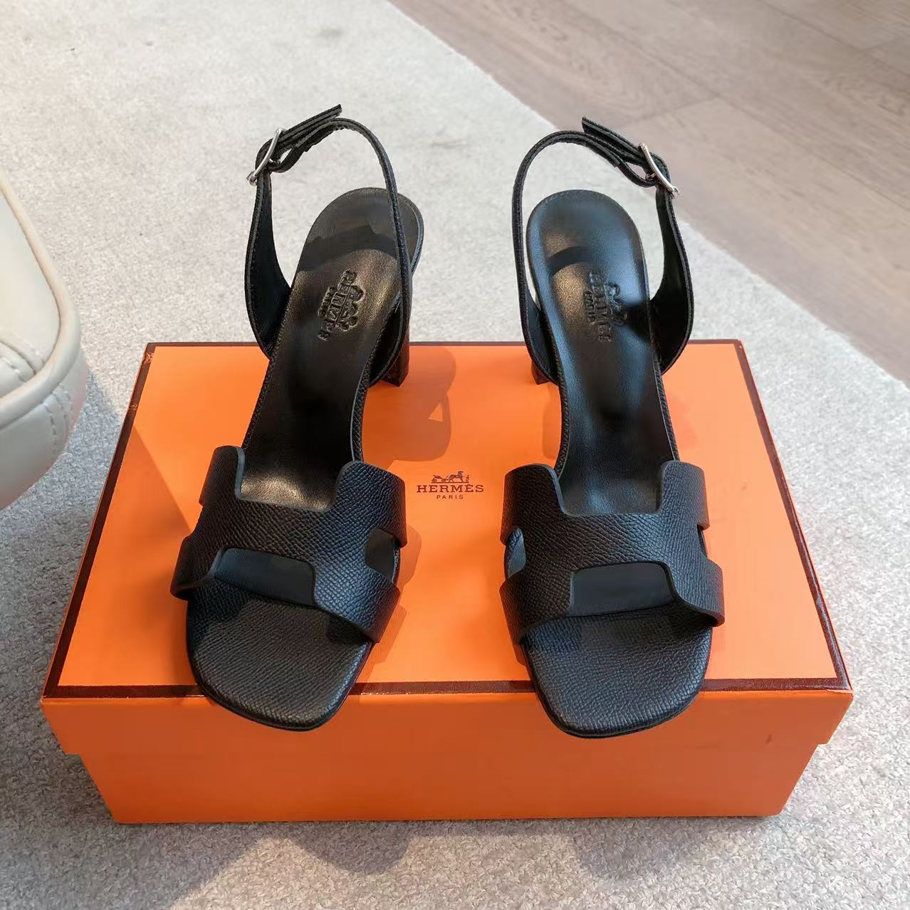 Hermes Black Leather Eternite Slingback Sandals