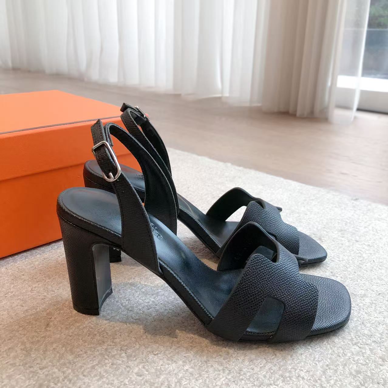 Hermes Black Leather Eternite Slingback Sandals
