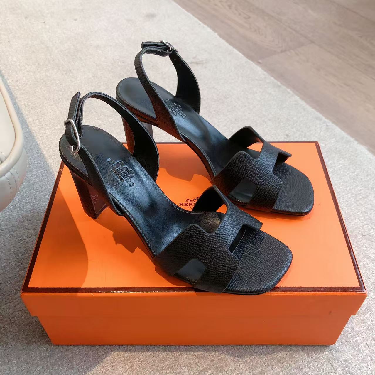 Hermes Black Leather Eternite Slingback Sandals