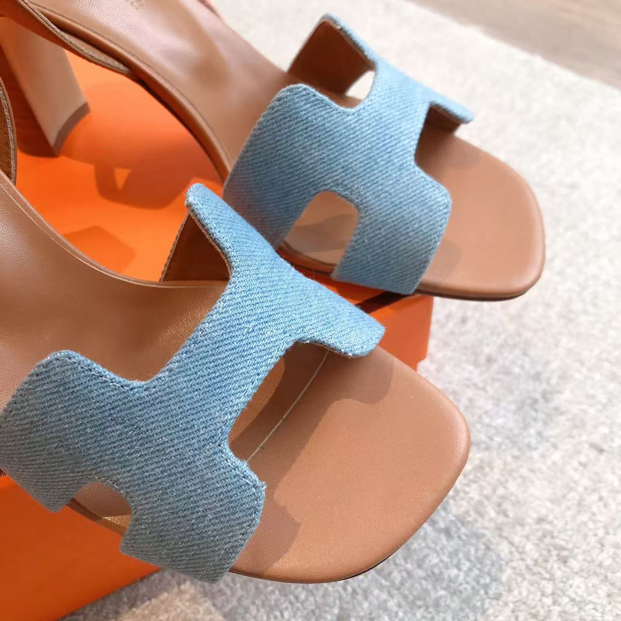 HERMES Santorini Sandals Denim Bleu Clair/Gold EUR Size