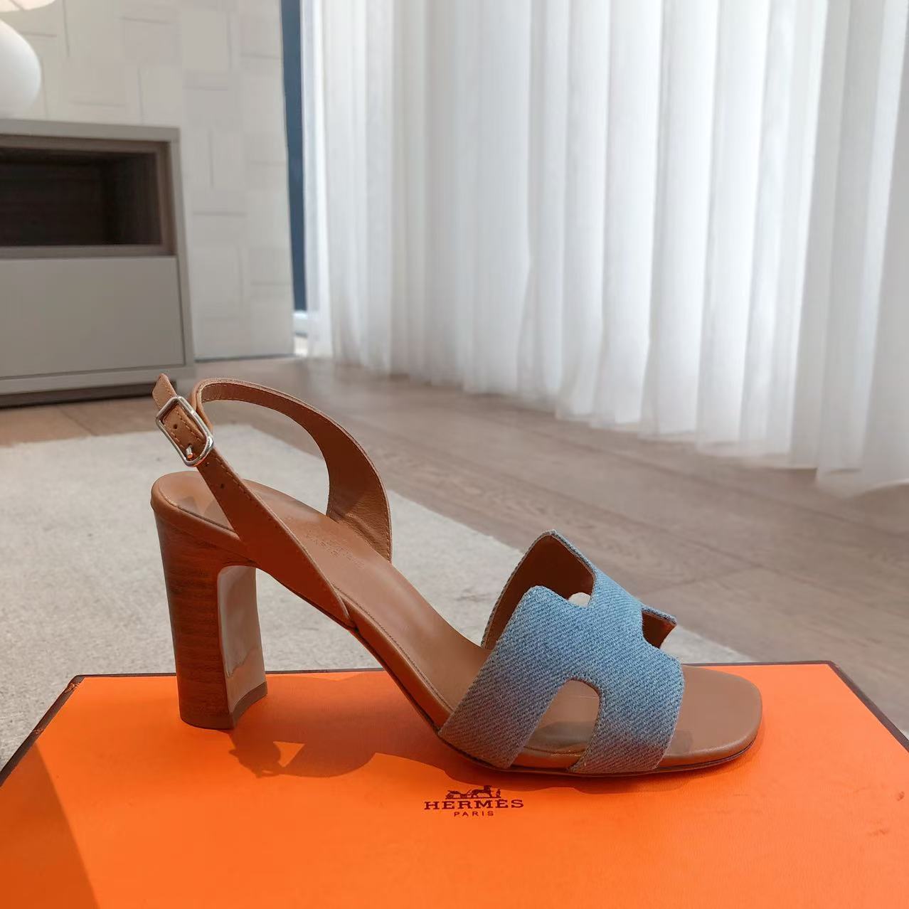 HERMES Santorini Sandals Denim Bleu Clair/Gold EUR Size