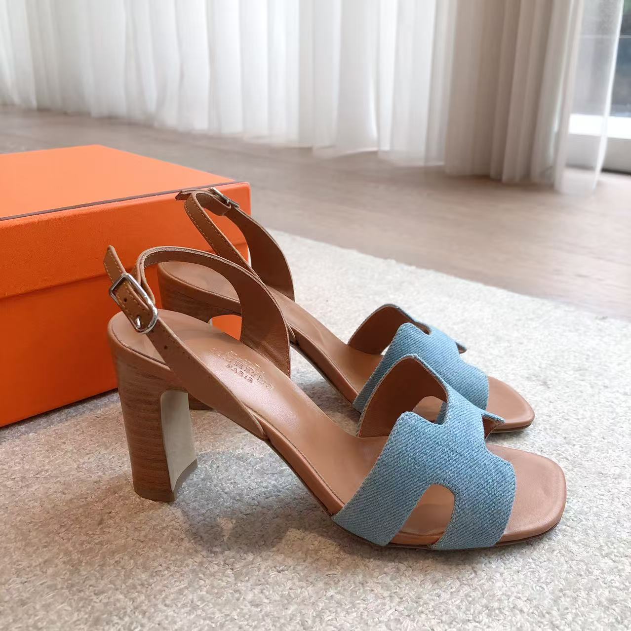 HERMES Santorini Sandals Denim Bleu Clair/Gold EUR Size