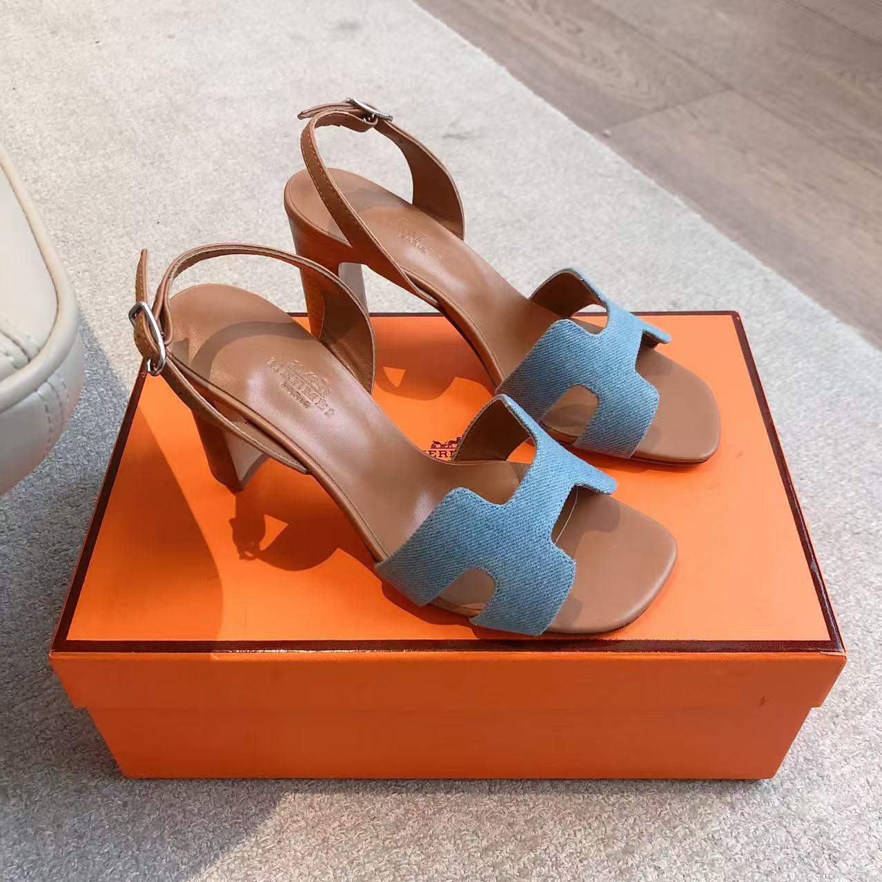 HERMES Santorini Sandals Denim Bleu Clair/Gold EUR Size