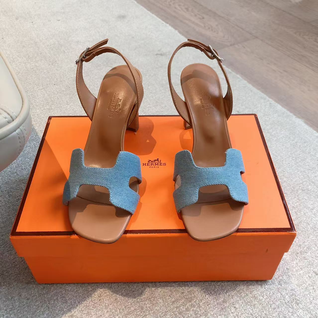 HERMES Santorini Sandals Denim Bleu Clair/Gold EUR Size
