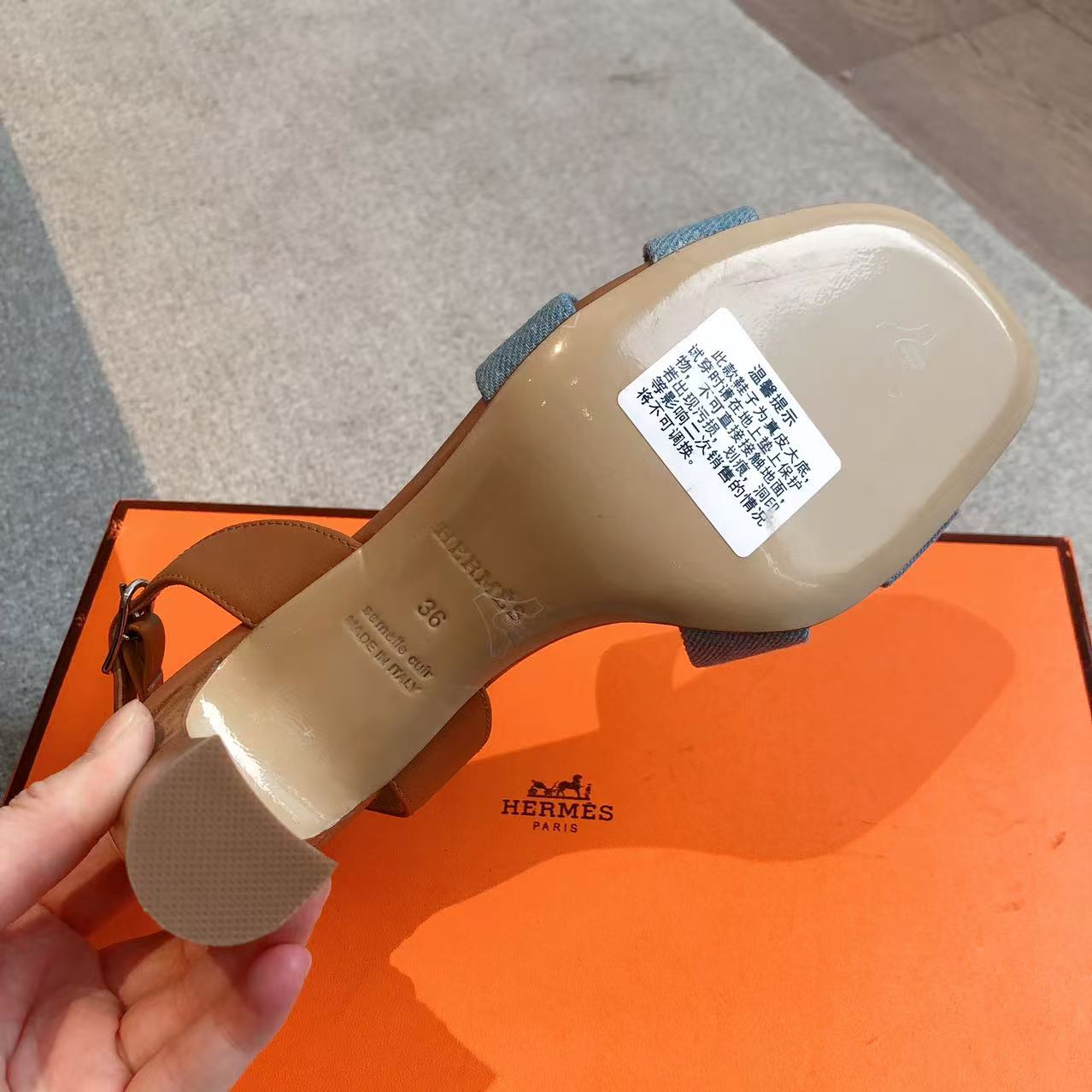 HERMES Santorini Sandals Denim Bleu Clair/Gold EUR Size
