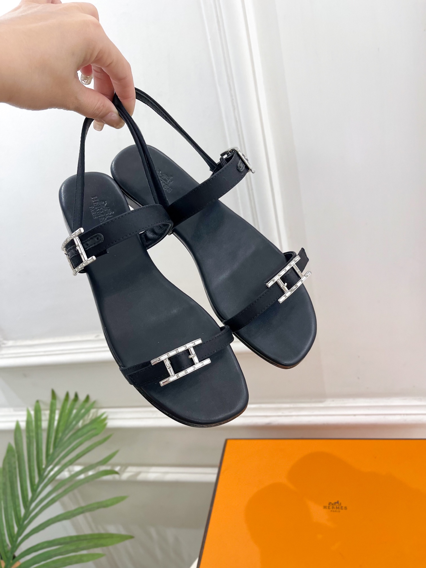 Hermes  Calfskin Cristal Sandals Black Sold Out