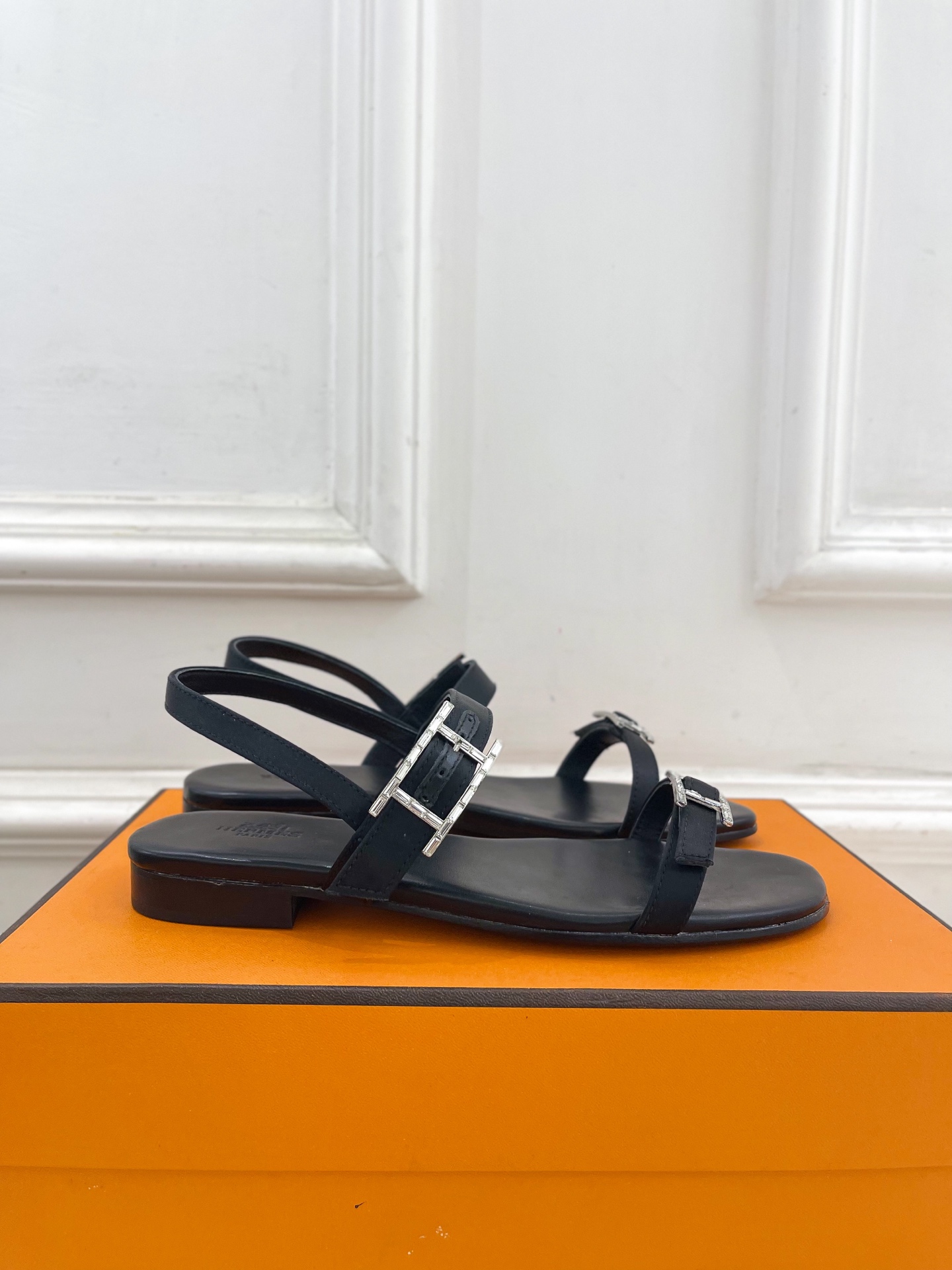 Hermes  Calfskin Cristal Sandals Black Sold Out